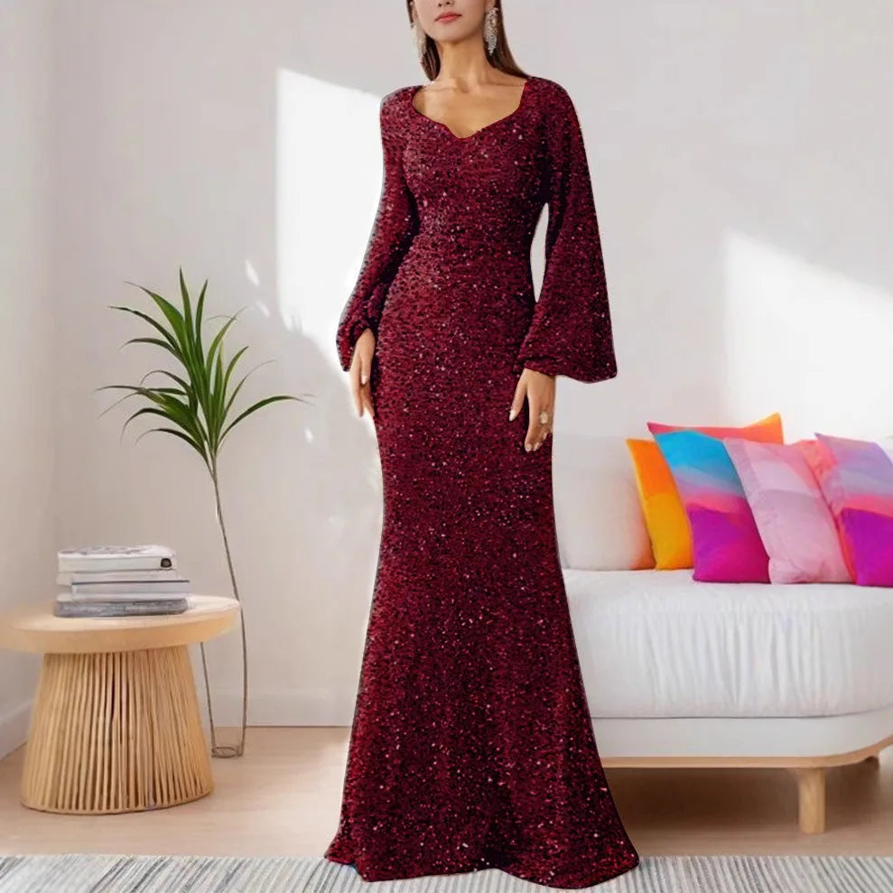 Maxy Elegant Sequins Prom Dress Women Fashion V-neck Wrapped Hip Flare Sleeve Long Evening Dress Chic Solid Party Gown Dresses