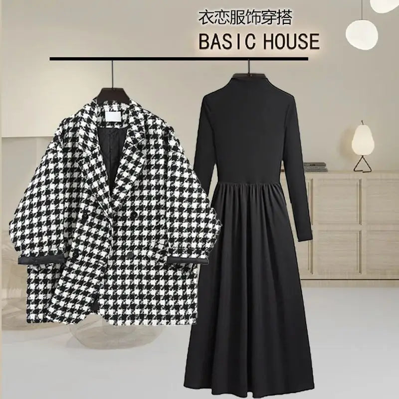 Maxy Autumn and Winter Fashion Women's Suit Korean Version Thick Woolen Plaid Suit Jacket Slimming Long Sleeved Dress Two-piece Set