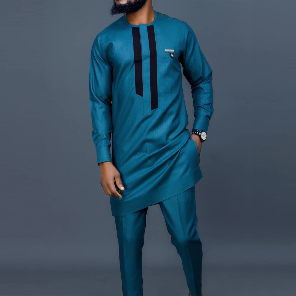 Maxy New African Traditional Men's Set Round Neck Long Sleeve Yellow Luxury Two Piece Dashiki Wedding Party Festival Men's Suit