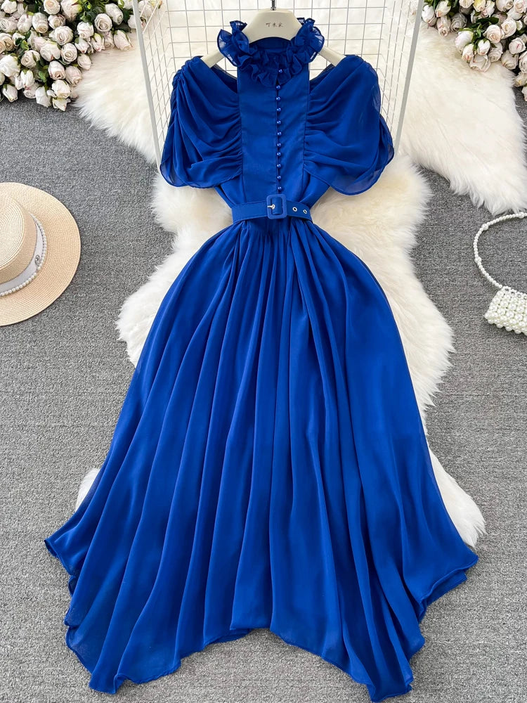 Amay Summer Women Red/Purple/Blue/Yellow Stand Collar Hollow Out Off Shoulder Chiffon Party Dress Vintage Short Sleeve Irregular Robe