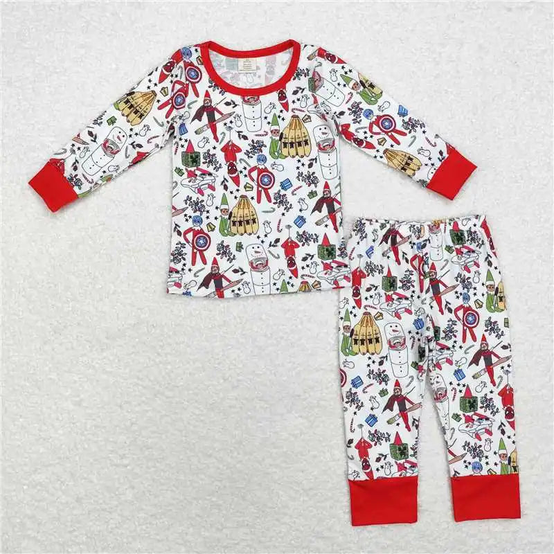 Maxy Winter Fashion Match Children Christmas Cane Green and White Plaid Long Sleeve Long Pants Pajama Set Wholesale Pajamas Romper