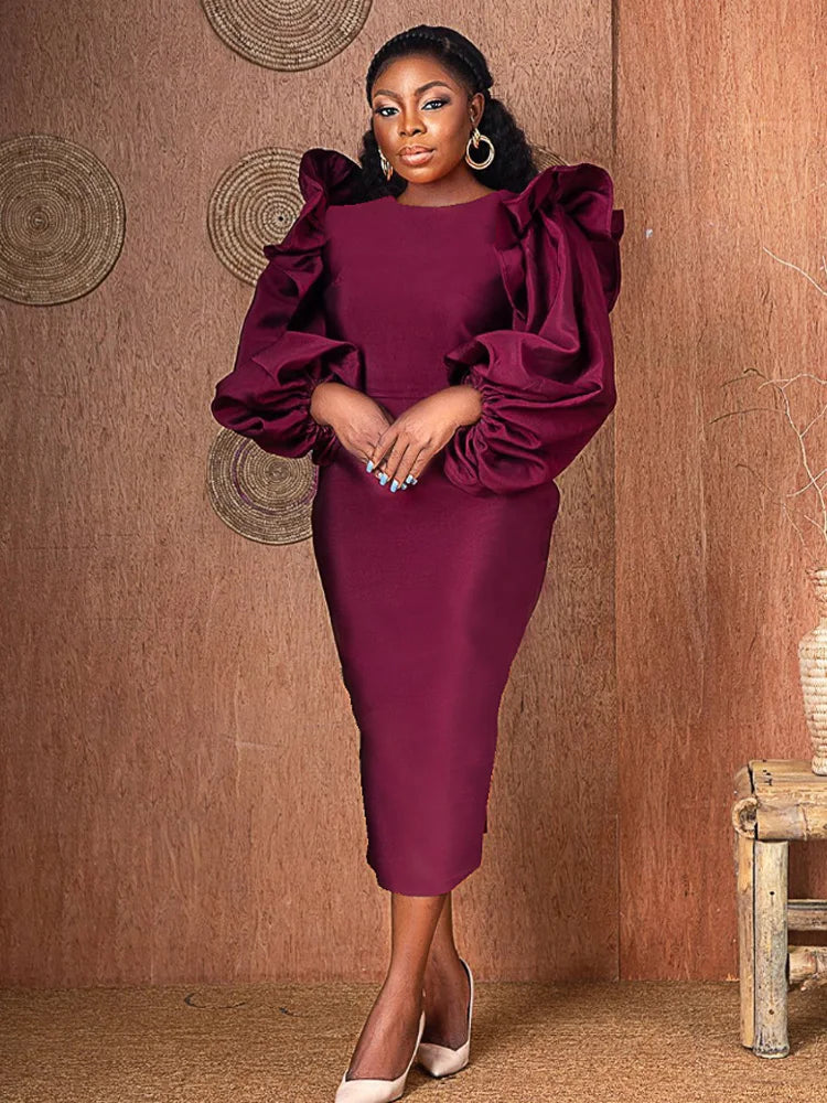 Women Elegant Burgundy Dress Long Puffy Sleeve Midi Dresses Bodycon Retro Classy Ladies Birthday Party Outfits Large Size 3XL 4X