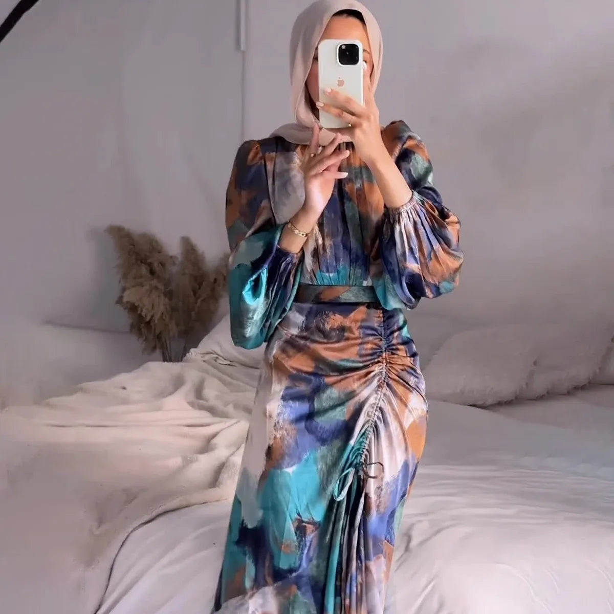 Maxy Women Exotic Floral Printed Muslim Dress Long Skirt with Pleated Waist Spring Fashion Long Sleeve Casual Abayas Dubai Turkey