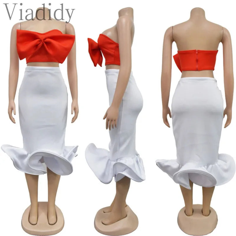 Two-Pieces Bow Strapless Top And High Waist Bodycon Skirt Set