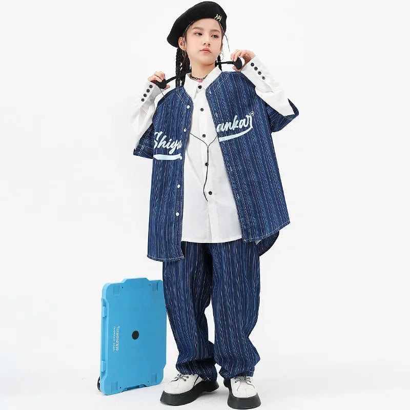 Maxy Kids Boys Girls Stripe Denim Shirts Pants Suits Sets Fashion Streetwear Baseball Shirt Pant Children Tracksuits Hip Hop Clothing