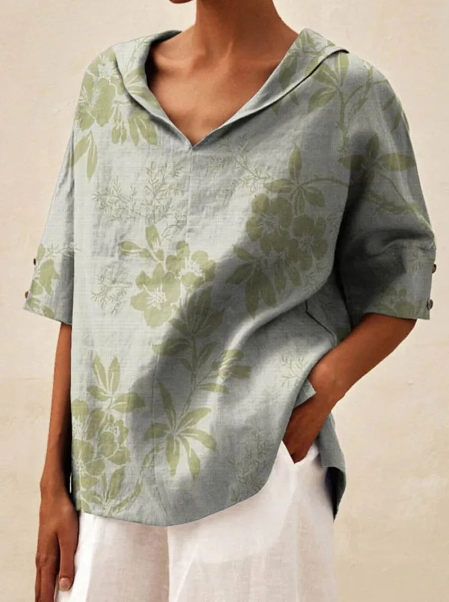 Maxy Women's Loose V-Neck Cotton Linen Shirt, Casual Elegant Summer Blouse Office Wear