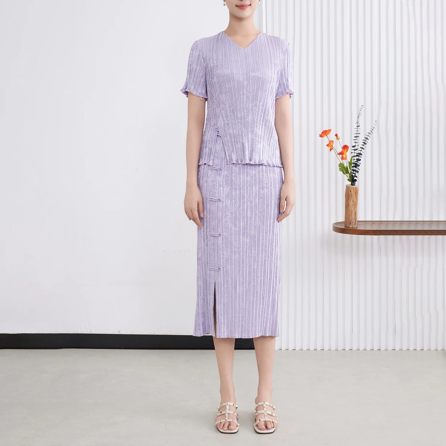 Maxy Summer New Miyake Pleated Set Women's Casual Two-Piece Outfit with Chinese Vintage Style Shirt and Skirt