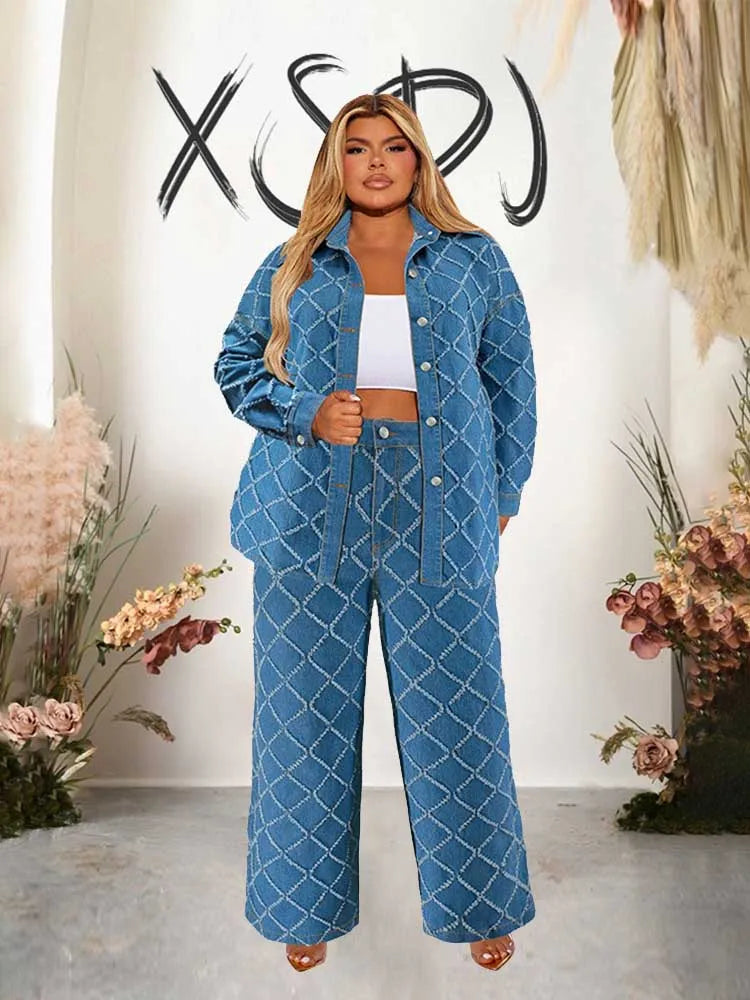 Maxy 2 Piece Set Women Jeans and Jacket Winter Casual Outfits Long Sleeve Denim Plaid Coat and Pants Sets Plus Size Clothes