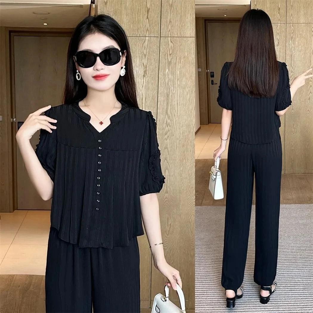 Maxy Short Sleeved Oversized Slimming Stylish Casual Summer Set Korean Version Sun Protection Suit For Women Shirt+Pant Two-Piece Set