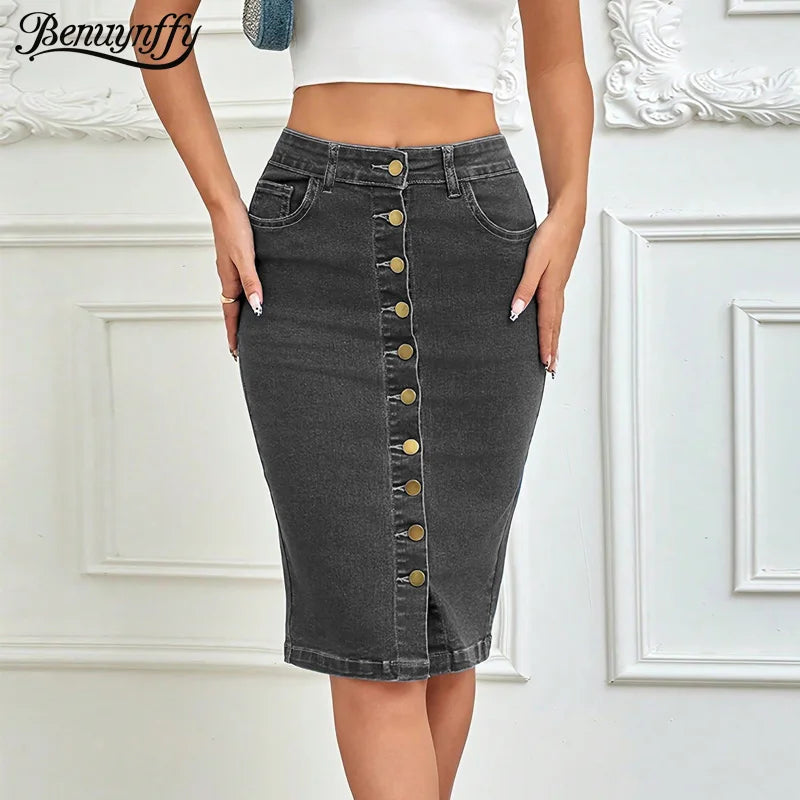 Maxy Benuynffy Streetwear Vintage Single Breasted Denim Skirt Women's Spring Summer High Waist Matching Slim Bodycon Midi Skirts