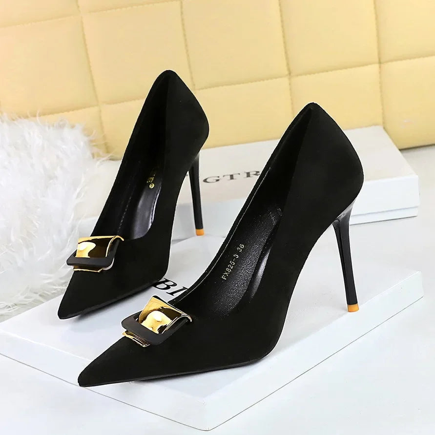Amay BIGTREE Shoes Metal Buckle Decoration Women Pumps Suede High Heels Ladies Shoes Stilettos Luxury Women Heels Shoes Large Size 43