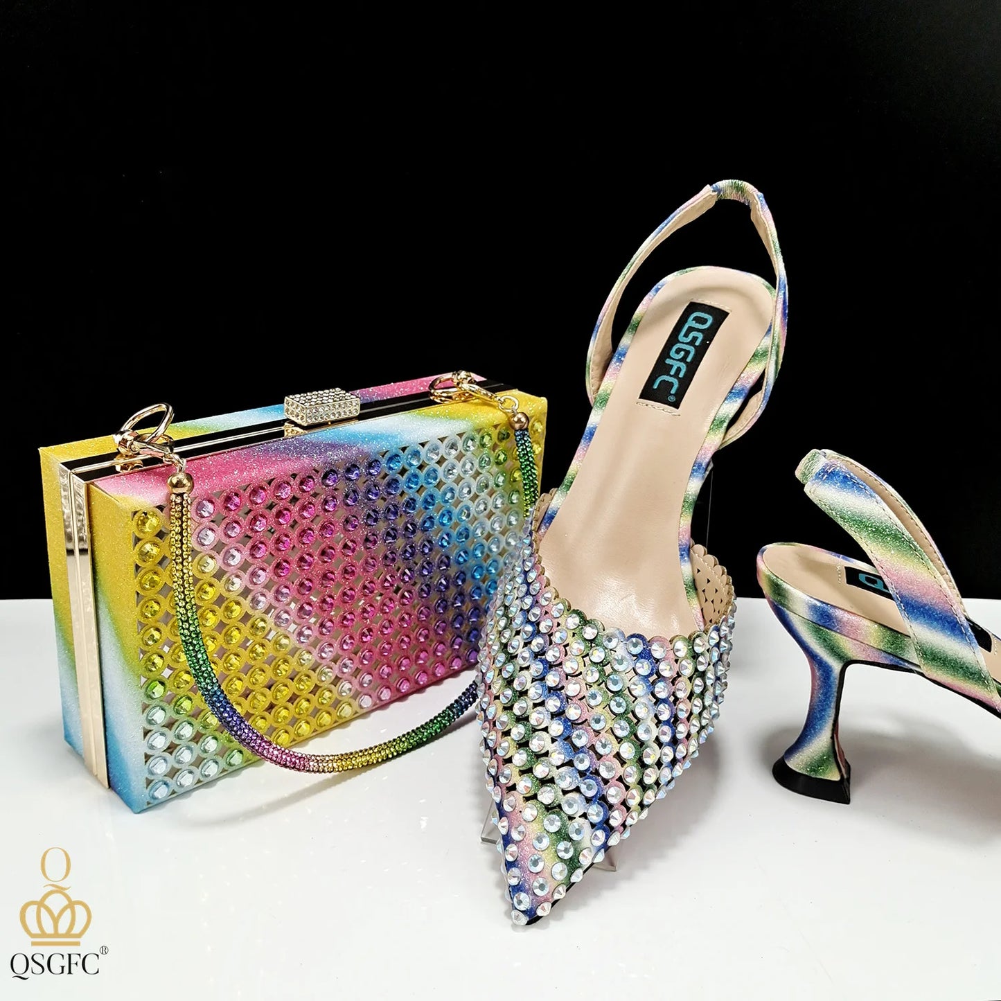 New Maxy Design Simple and Elegant Colorful Rhinestones Rainbow Color Women's Shoes and Party Wedding Bags