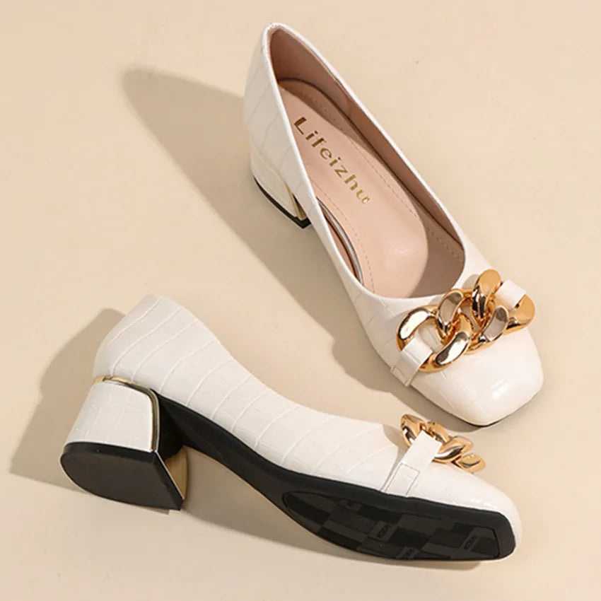 Amay New Women Med Heel Square Toe Pumps Office Lady Shoes Big Gold Metal Chain Soft Soles Slip on Leahter Shoes