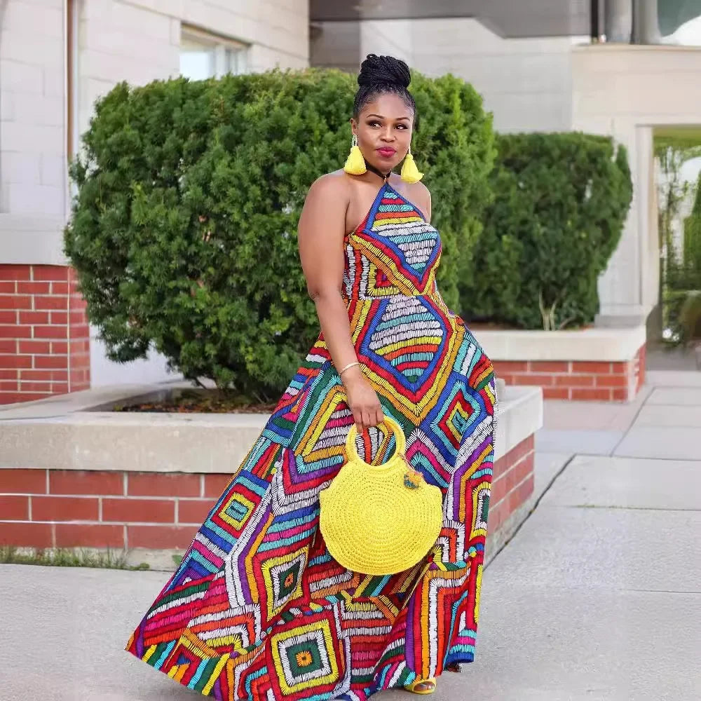 Maxy African Print Dresses for Women Summer African Elegant Spaghetti Strap Africa Clothing Long Maxy Dress Outfits African Clothes