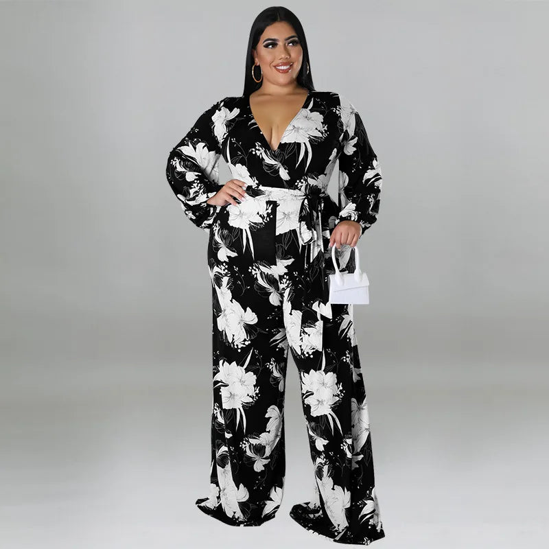 Amay Plus Size Floral Print Jumpsuit Female Casual Loose Elegant Clothing Women One Piece Outfit Autumn Fashion Wide Leg Pants