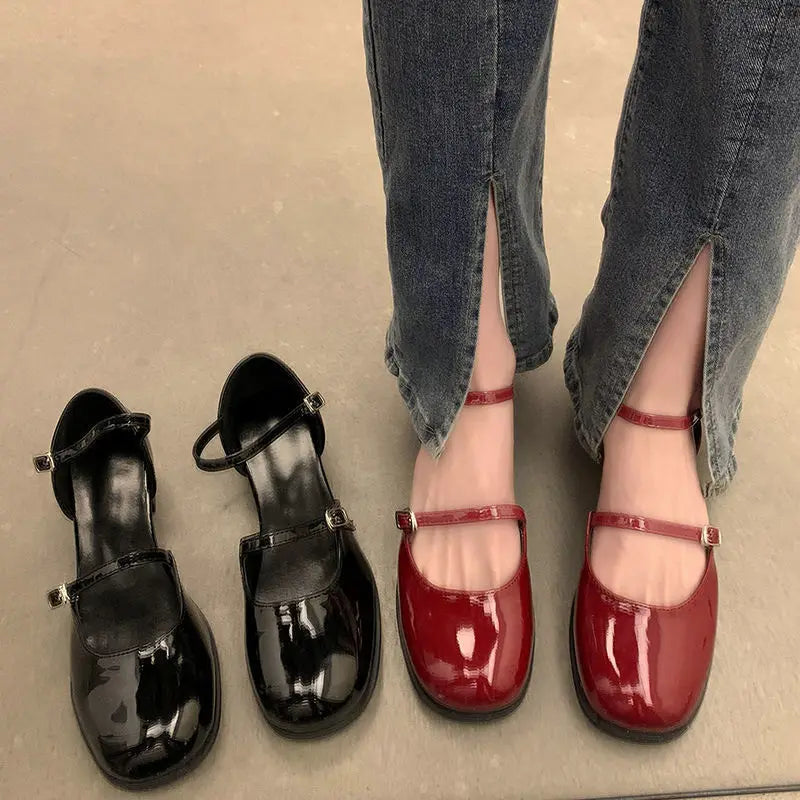 Maxy Shoes Buckle Pumps Women Thick Heels Elegant Shallow Square Toe Footwear Party Office Lady Leather Loafers Shoes