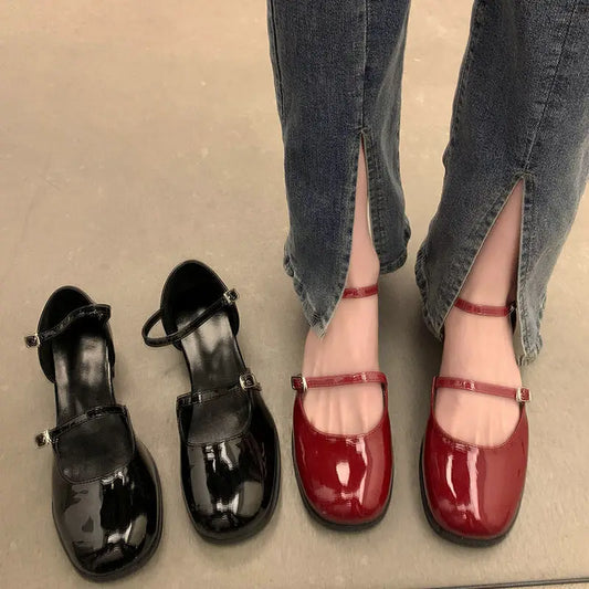 Maxy Shoes Buckle Pumps Women Thick Heels Elegant Shallow Square Toe Footwear Party Office Lady Leather Loafers Shoes