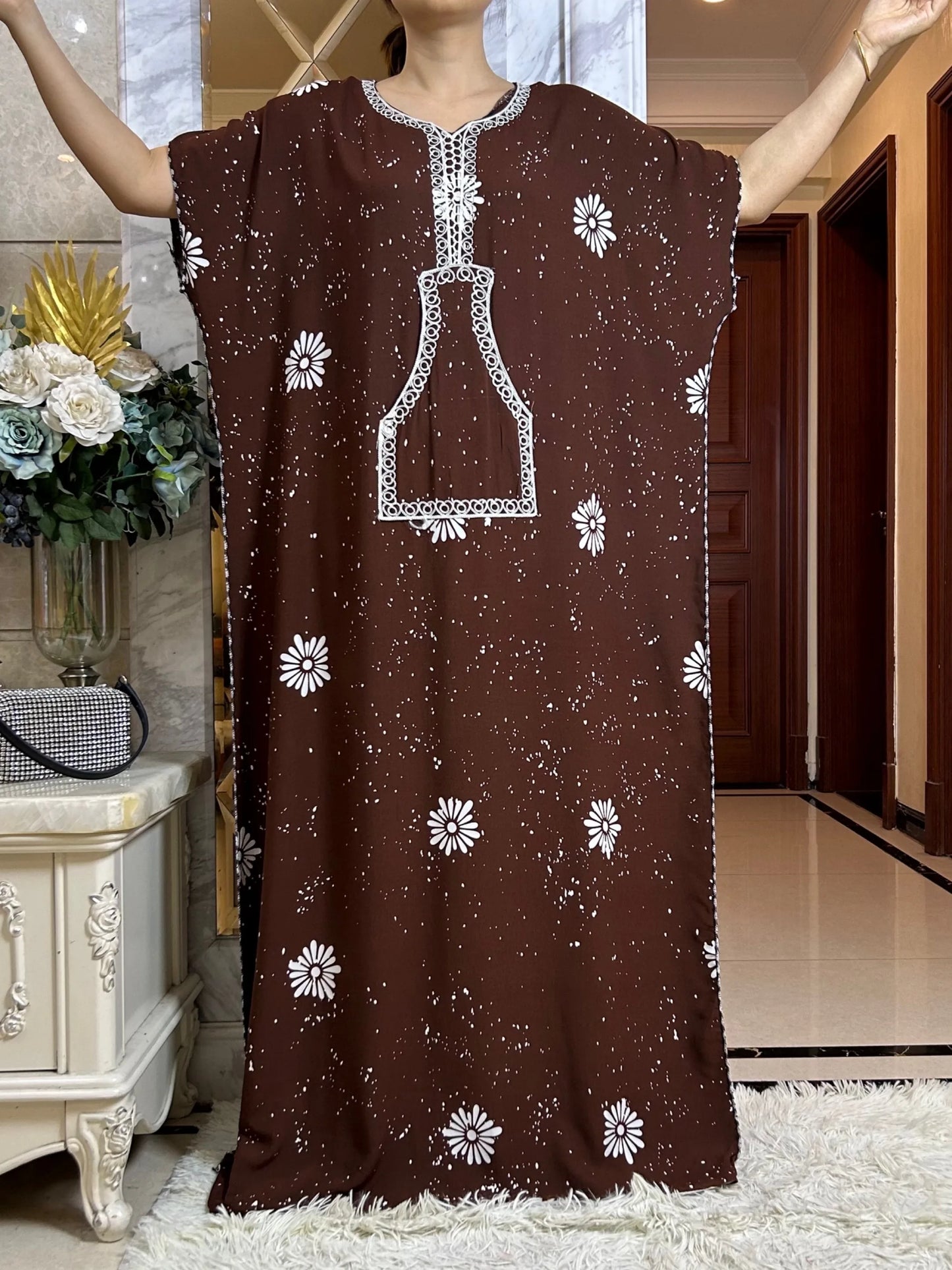 Macy Latest Autumn African Lady Dress with Big Scarf   Cotton Printed Loose Floral Boubou Pocket Maxi Islam Women Short Sleeve