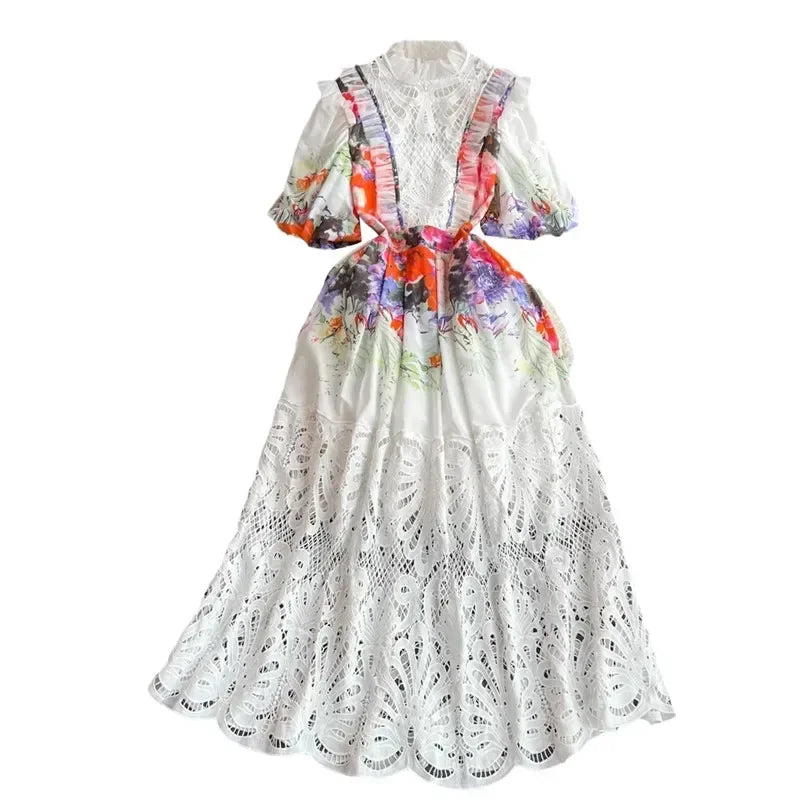 Maxy Retro Palace Style Bubble Short Sleeve Stand Collar Slim A-Line Dress Women Water Soluble Hook Floral Hollowed-Out Lace Dresses