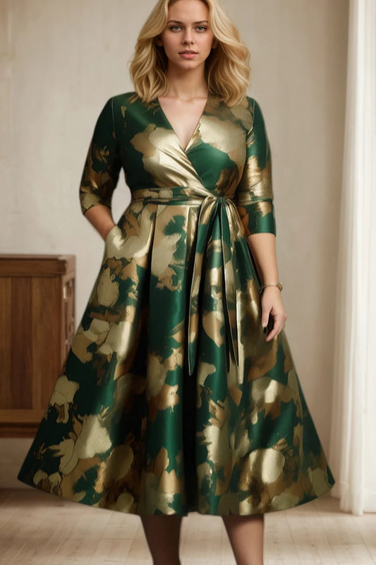 Maxy Women's Plus Size Dress Half Sleeve V-Neck Elegant Party Club Evening Cocktail Long Dress Vintage Floral Printed A-Line Dresses