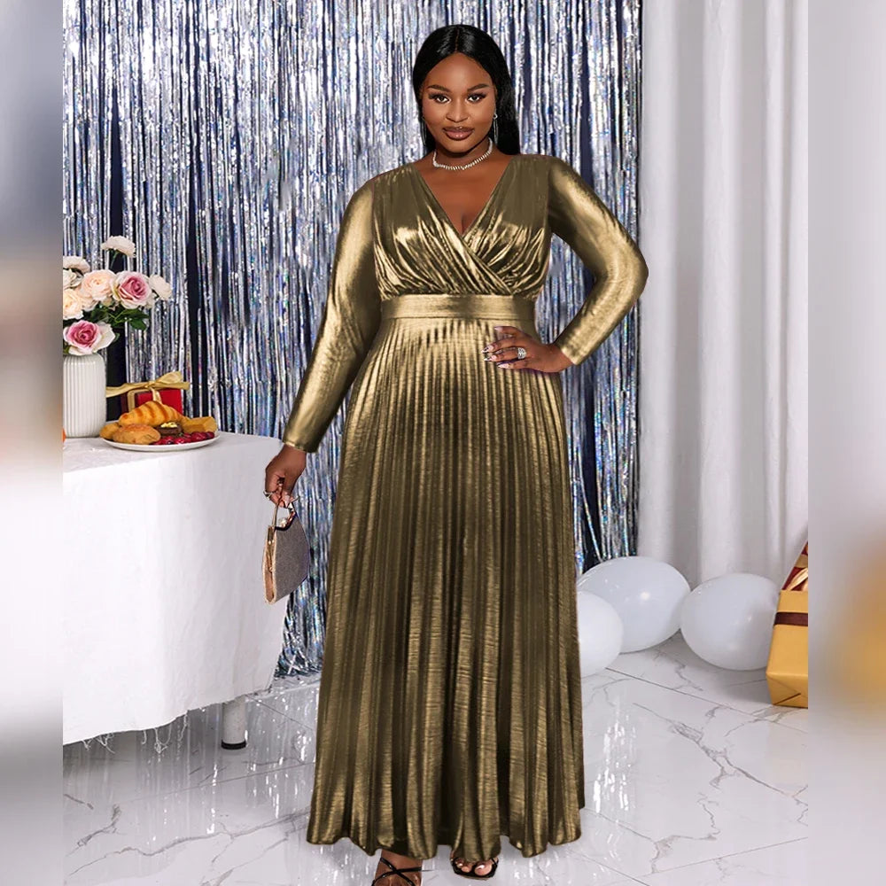 Plus Size Shiny Party Dress Purple Elegant Long Sleeve Evening Gold Pleated High Waist Long Sleeves Fit Flare Prom Robe 2024