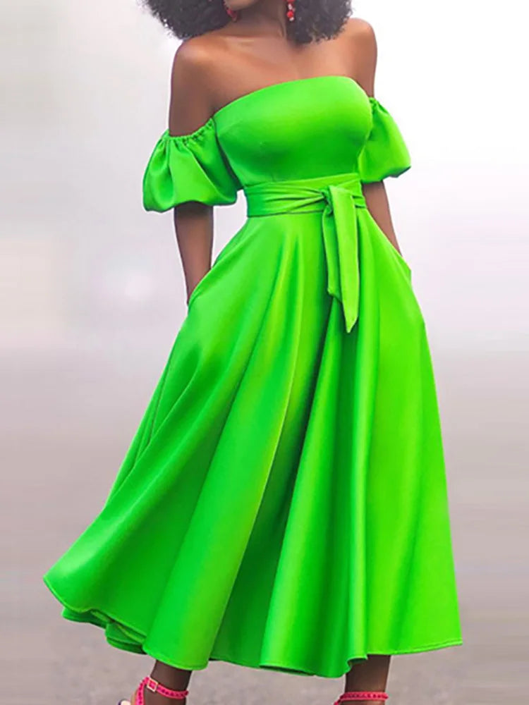 Amay Slim Fit Belt Elegant Lady Midi Dresses Summer Women Off Shoulder Solid Party Dress Slash Neck Short Sleeve Patchwork Club Dress
