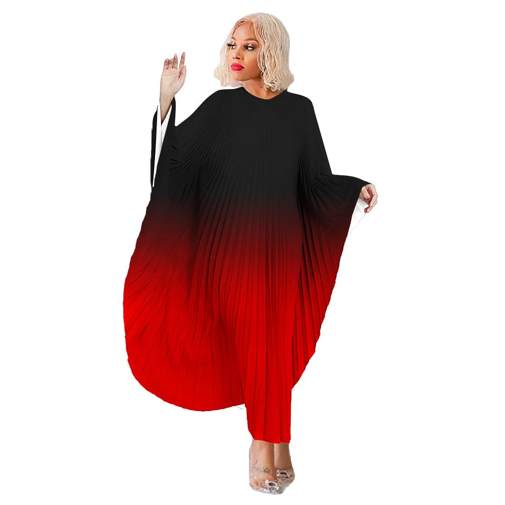 Maxy Fashion Gradient Color Pleated Dress in Spring Stylish and Loose Fit Oversized Printed Bat Sleeves Slimming Long Pleated Dress