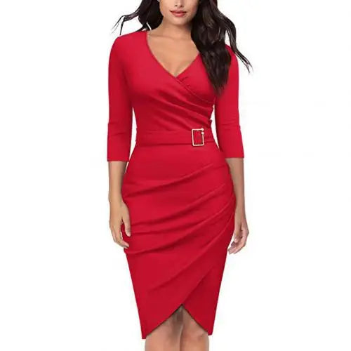 Maxy Formal Dress Women Summer Solid Color 3/4 Sleeve Elegant Dress High Waist Belted Irregular Pencil Dress Red