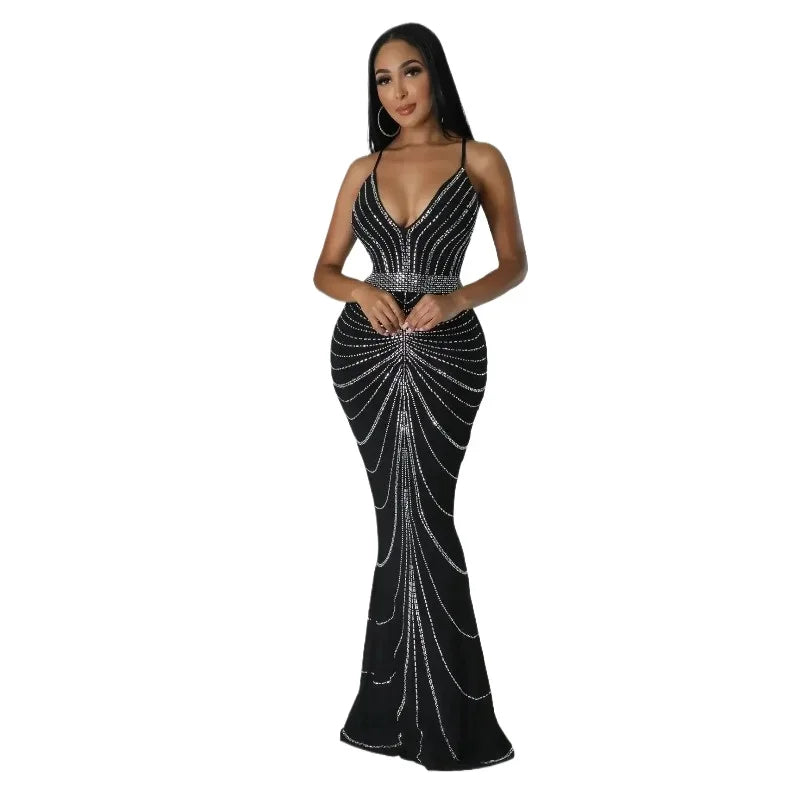 Maxy Women's Diamond Rhinestone Sleeveless V-neck Mermaid Maxi Dress Sexy Club Party Evening Gown Trumpet Style
