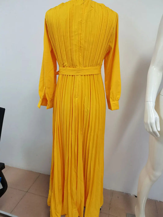 Amay Women Plus Size Lantern Long Sleeve Long Dress Fashion Elegant Solid Color V Neck Belt High Waist Ruched Evening Birthday Party