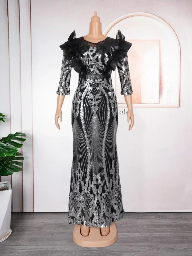 Maxy Plus Size Party Dresses for Women Dashiki Ankara Sequin Wedding Evening Gown Sexy Bodycon Maxy Robe Africa Clothing