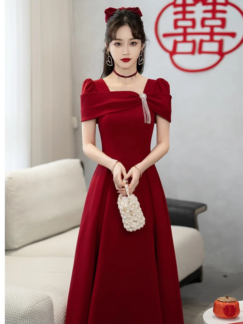 Maxy Temperament Robe Women's Solid Color Spring Summer New Square Collar Long Sleeve  A-line Long Dresses Fashion Female Vestidos