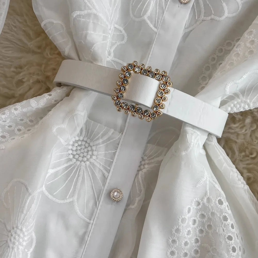 Amay Luxury Vintage Women Embroidery Lace Hollow Out Spring Summer Stand Collar Lantern Sleeve Pearls Buttons Belt Party Evening Dres