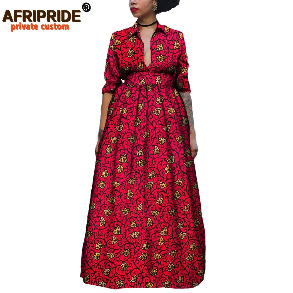 Maxy African Long Dresses for Women Half Sleeve Ankle-length Notched Collar Party Dress Print Ankara AFRIPRIDE A1825075