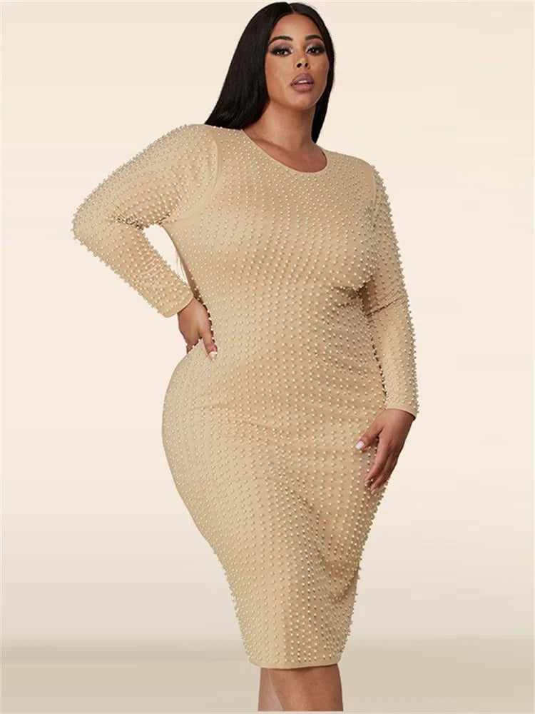 Amay Plus Size Dresses for Women Party Elegant Beading Slip Hem Maxi Dress Club Outfit Spring Clothes