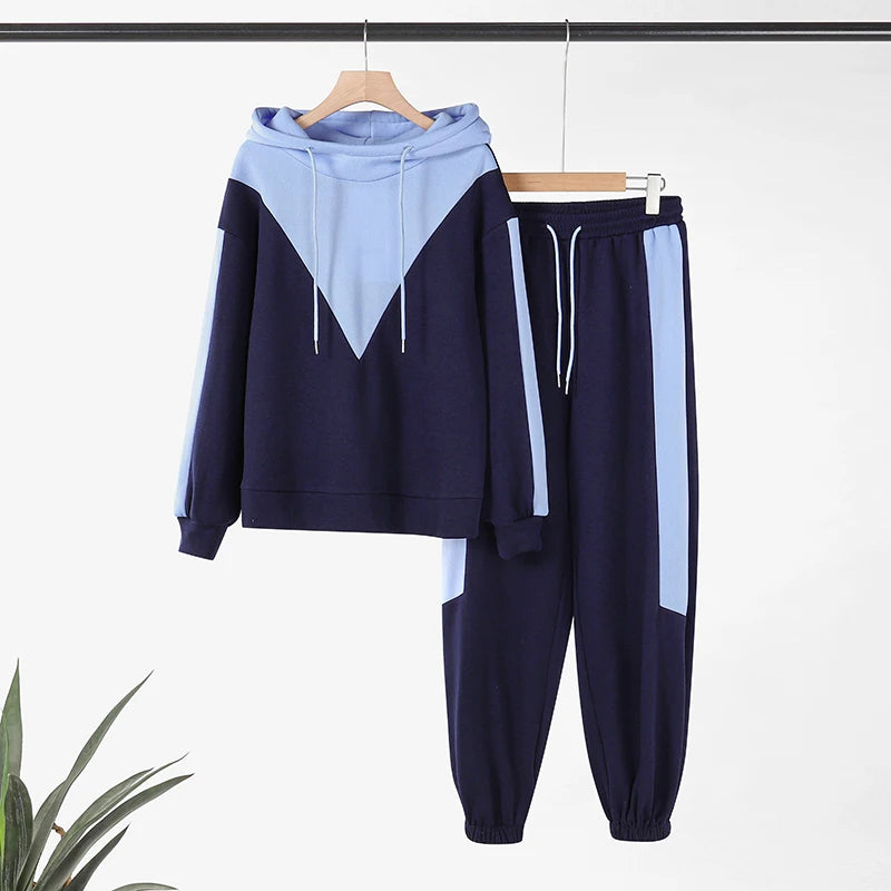 Amay Women Two Piece Sets Casual Colorblock Long Sleeve Autumn Tracksuit Chic Drawstring Hoodie Pants Set Sporty Outfits