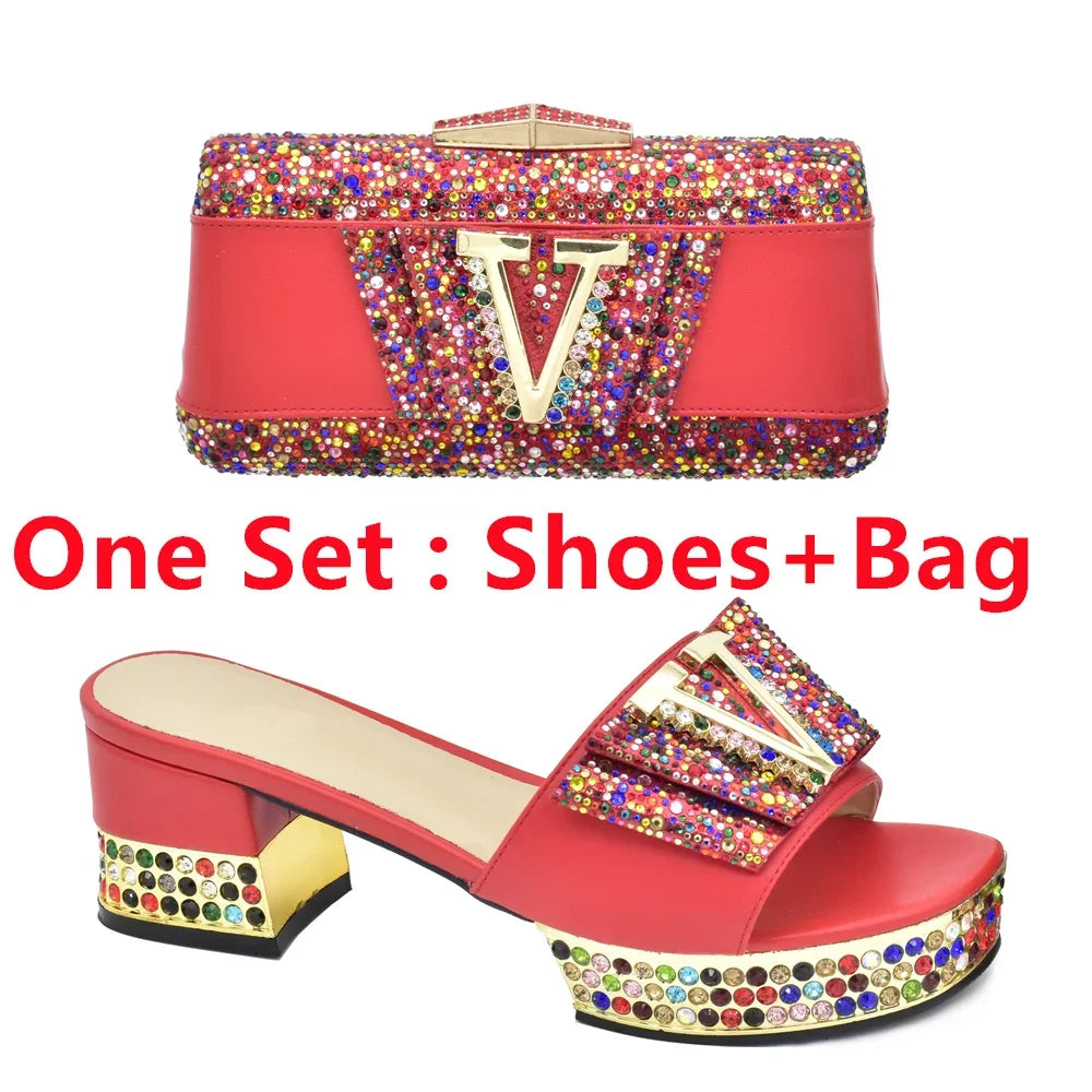 Maxy Ladies Shoes and Bags To Match Set Decorated with Rhinestone Shoes and Matching Bags Set Slip on Shoes for Women