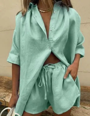 Maxy European and American Summer New Women's Solid Color Single breasted Short sleeved Shirt Two piece Set of Wide Leg Pants