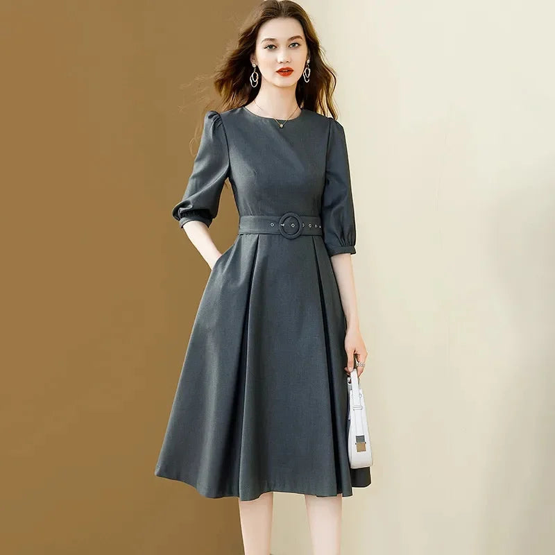 Maxy Fashion Light Luxury Bubble Sleeve Dress Women Spring Summer 2024 New Half Sleeve Temperament Vestidos Waist Slim Dresses Female