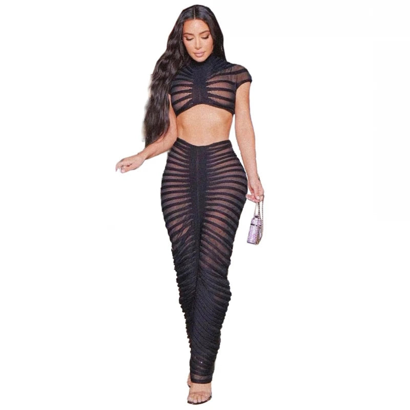 Amay Kim Kardashian's Sheer White Knit Two-Piece Dress Elegant See-Through Sweater Crop Top And Skirt Set Festival Outfits