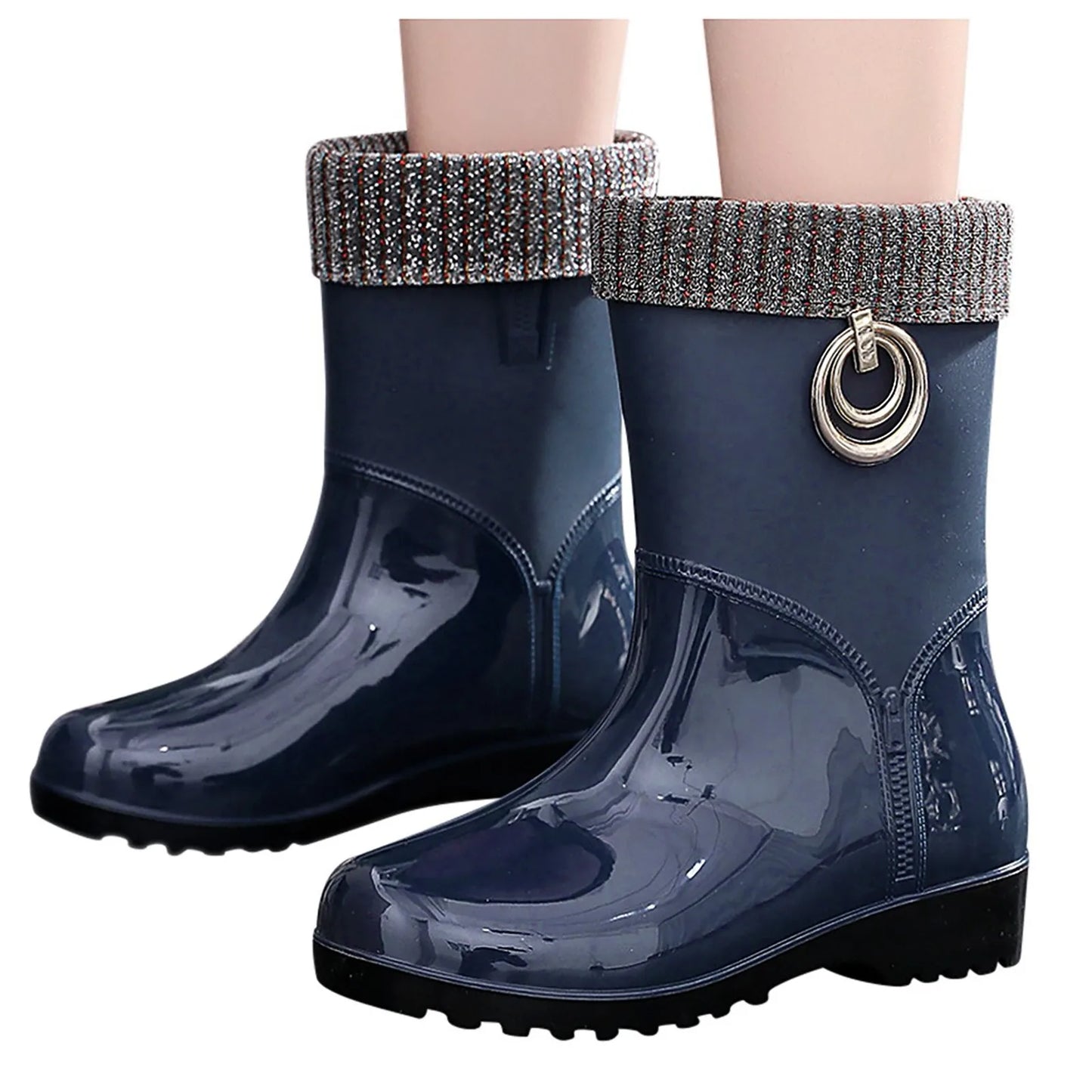 Maxy Punk Low Length Snow Boots Women's Non-Slip Dot Print Transparent Side Zipper Rain Boots Outdoor Wedge High Heels Water Shoes