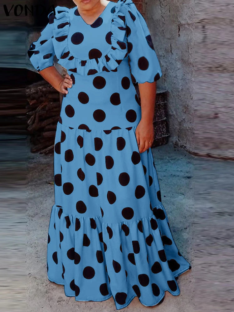 Maxy Plus Size 5XL VONDA Bohemian Dot Printed Dress Women Party Ruffled Sundress Summer V-Neck Holiday Vestido Casual Loose Robe