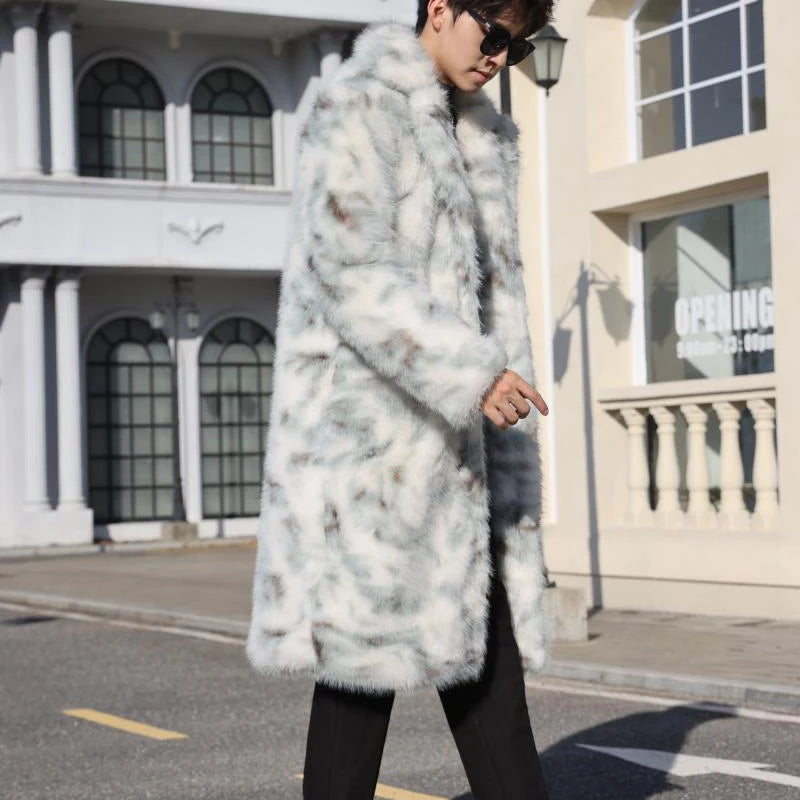 Visco Long Knee Length Faux Fur Coat Turn-down Collar Korea Fashion Contrast Color Long Sleeve Male Tops Jacket 21Z5563