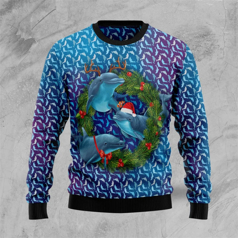 Maxy New Dolphin Graphic Ugly Christmas Sweater For Men Fashion Holiday Wear 3D Printed Xmas Sweatshirts Casual Oversized Tops