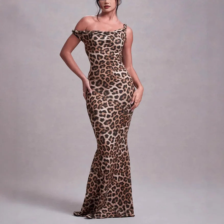 Dress Women Leopard Print Twist Knot Straps Dresses Spring Summer Off Shoulder Slim Fit Bodycon Evening Party Maxi Gown