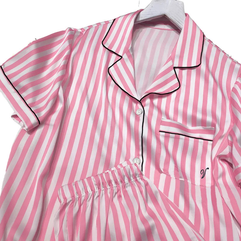 Babs Women's Pajamas Set Sleepwear Summer 2 PCS Short Sleeve Tops and Shorts Faux Silk Satin Soft Striped Printing Home wear Outfits
