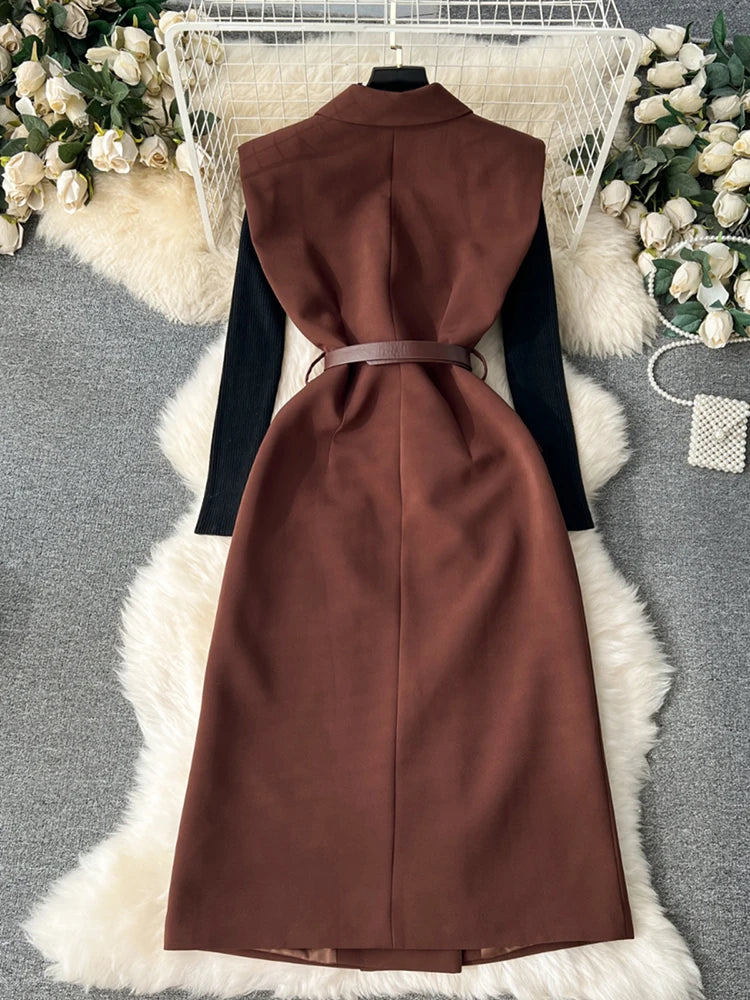 Maxy Office Lady 2 Piece Set Women Autumn Knitted Turtleneck Sweater + Belt Doublebreasted Long Dress Fashion 27X1638