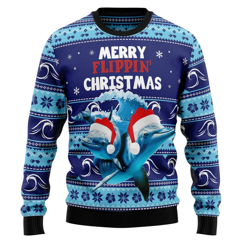 Maxy New Dolphin Graphic Ugly Christmas Sweater For Men Fashion Holiday Wear 3D Printed Xmas Sweatshirts Casual Oversized Tops