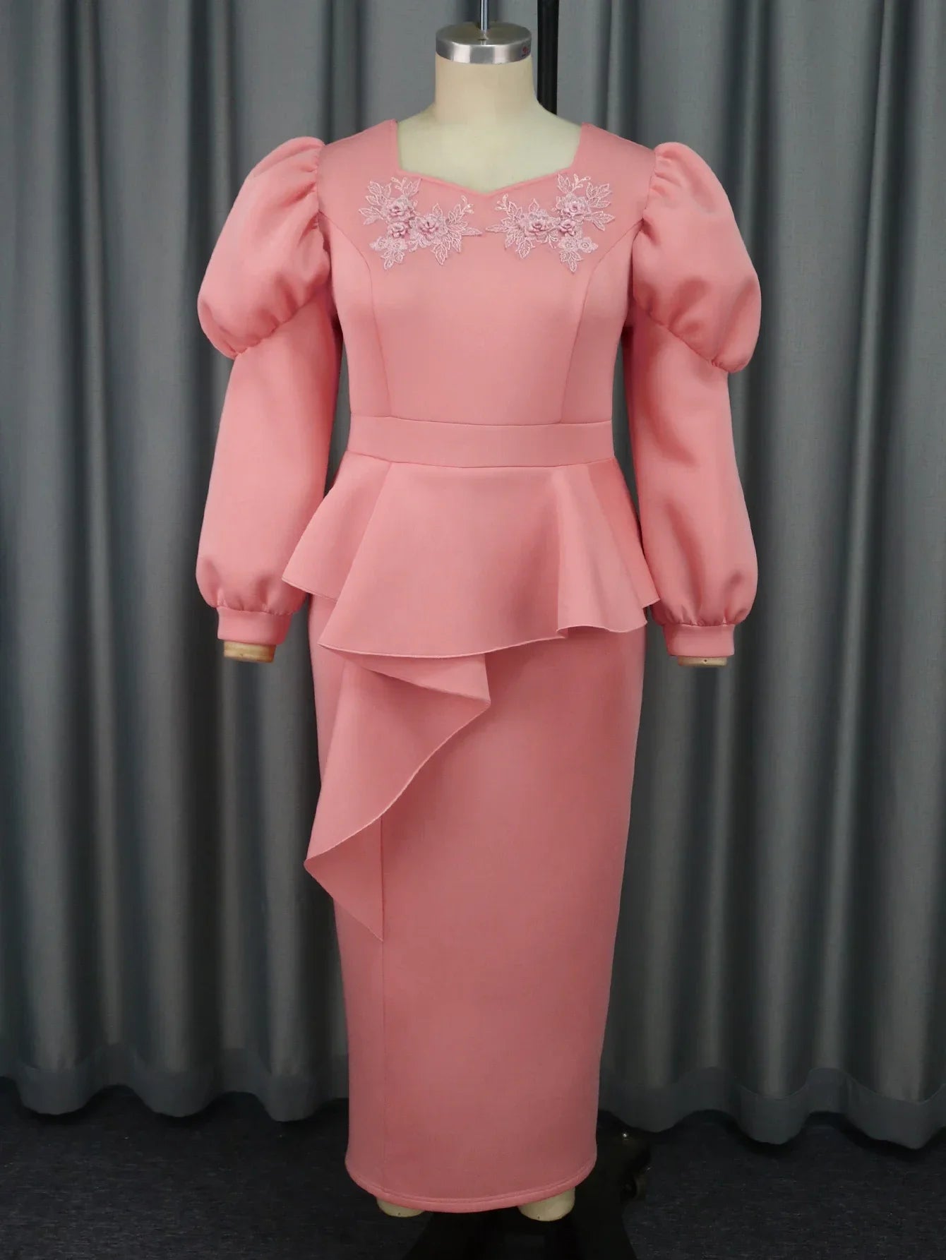 Women Elegant Pink Evening Party Dress O Neck Appliques Long Puff Sleeve High Waist Bodycon Birthday Prom Christmas Event Robes