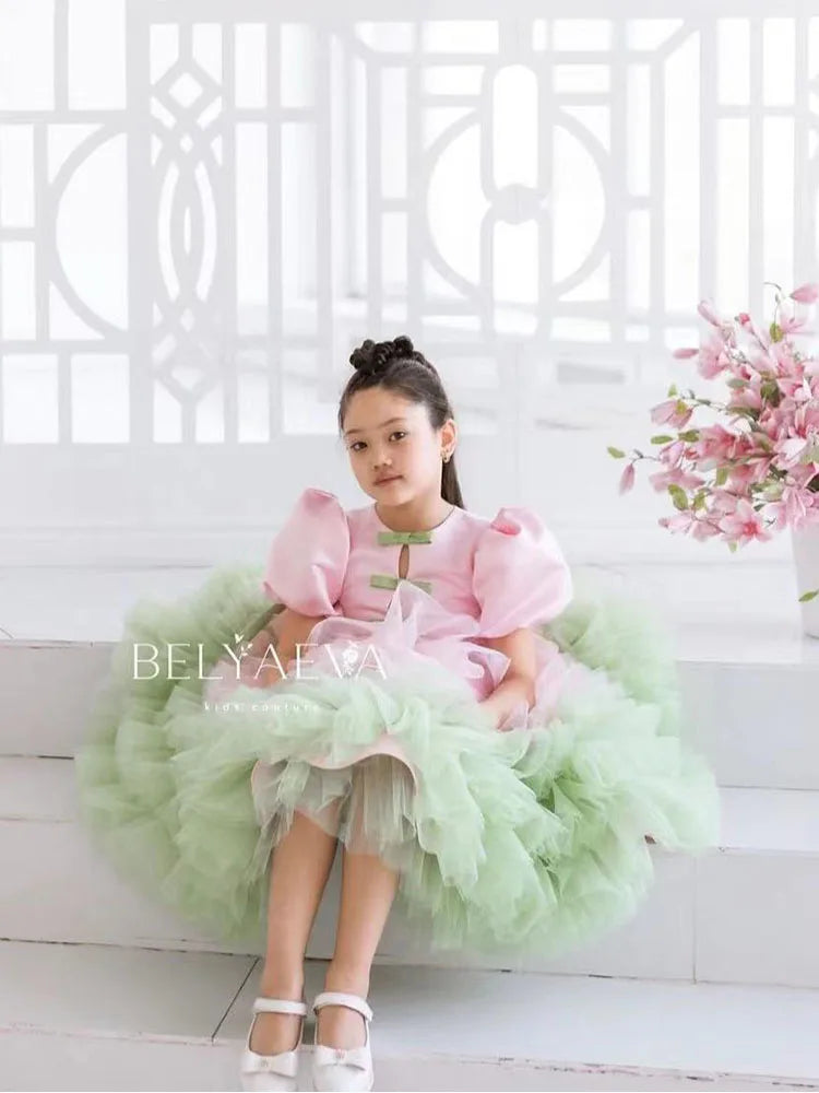 Maxy Princess Elegant Bubble Sleeve Flower Girl Dress For Wedding With Bows Layred Puffy Child First Eucharistic Birthday Party Dresses